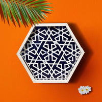Handmade Blue Bone Inlay Hexagon Tray with Geometric Pattern Decorative Serving Tray