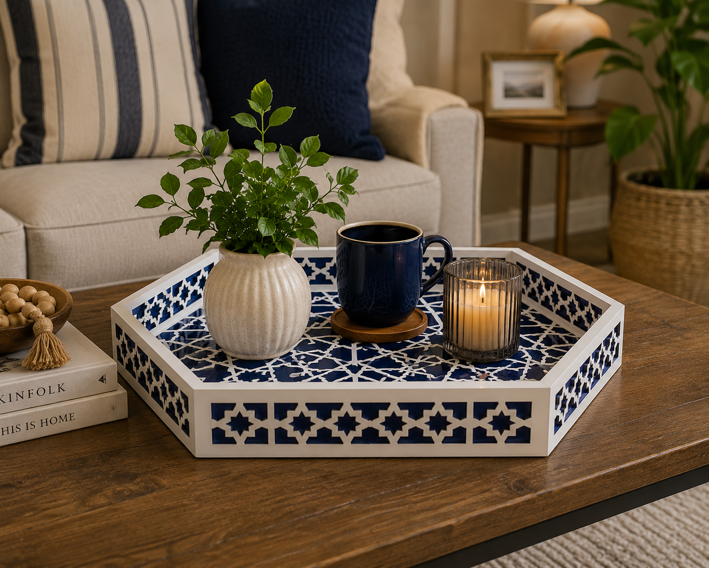 Handmade Blue Bone Inlay Decorative Tray Displayed in Modern Living Room
