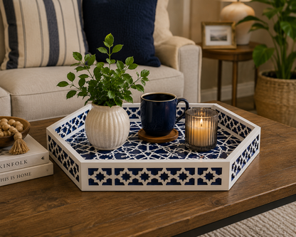 Handmade Blue Bone Inlay Decorative Tray Displayed in Modern Living Room