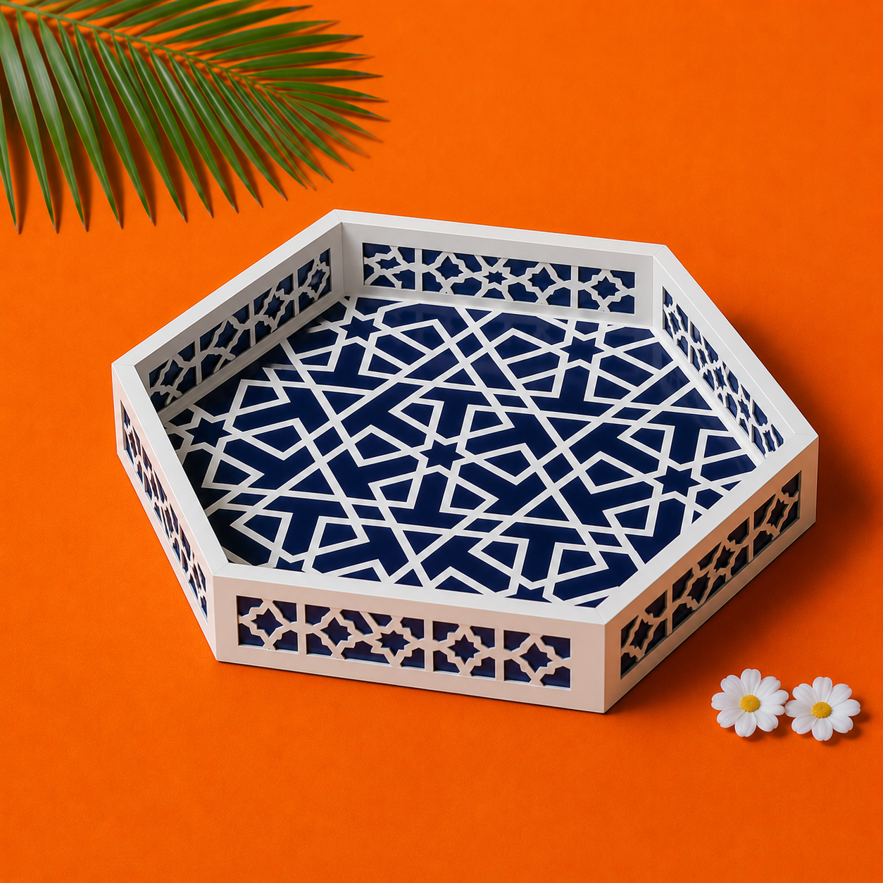Top View of Handmade Blue Bone Inlay Hexagon Tray with Geometric Design