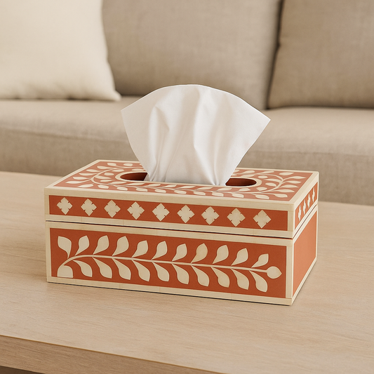 Handmade bone inlay tissue box cover with floral pattern, crafted from bone inlay, resin, and MDF wood for luxury home décor.