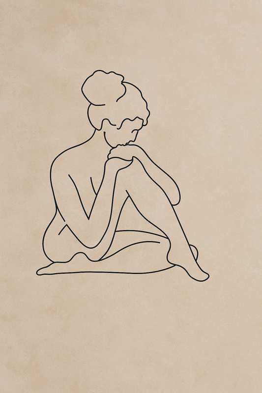 Marble inlay wall art of a seated lady in minimalist line design on white stone, handcrafted by Bone Inlay Arts

