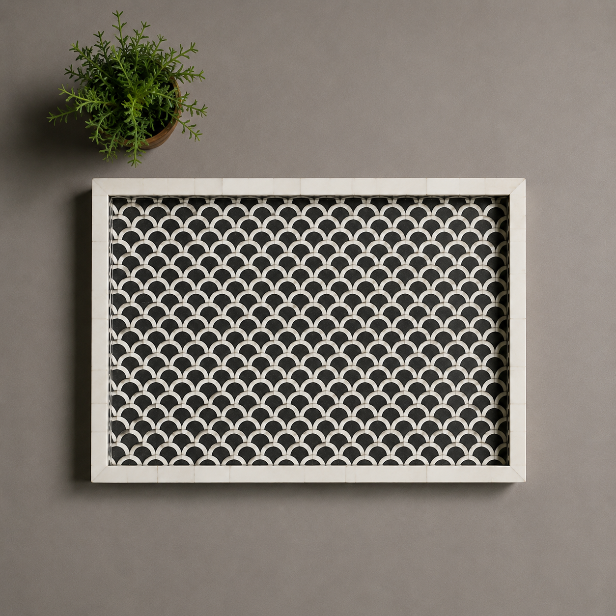 Black and White Bone Inlay Serving Tray Used in Elegant Restaurant Decor