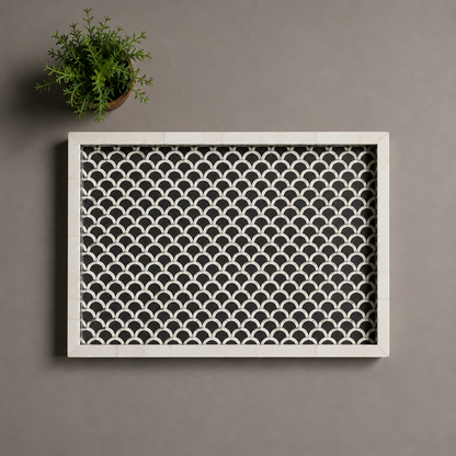 Black and White Bone Inlay Serving Tray Used in Elegant Restaurant Decor