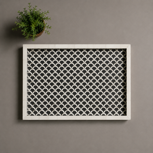 Black and White Bone Inlay Serving Tray Used in Elegant Restaurant Decor
