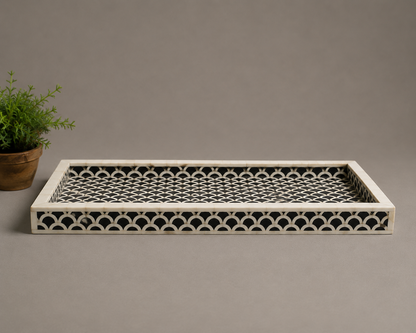 Luxury Bone Inlay Serving Tray with Geometric Fish Scale Design