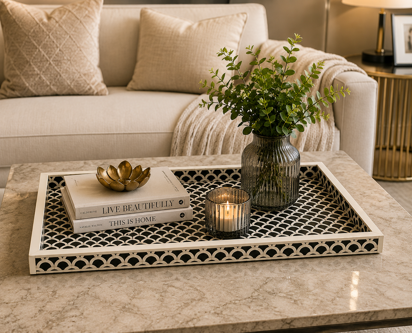 Handcrafted Black and White Bone Inlay Tray for Tabletop Styling
