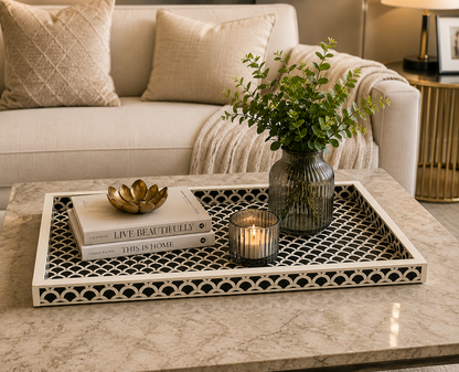 Handcrafted Black and White Bone Inlay Tray for Tabletop Styling