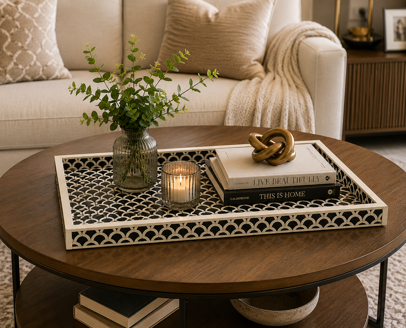 Bone Inlay Decorative Serving Tray Used as Restaurant Table Centerpiece