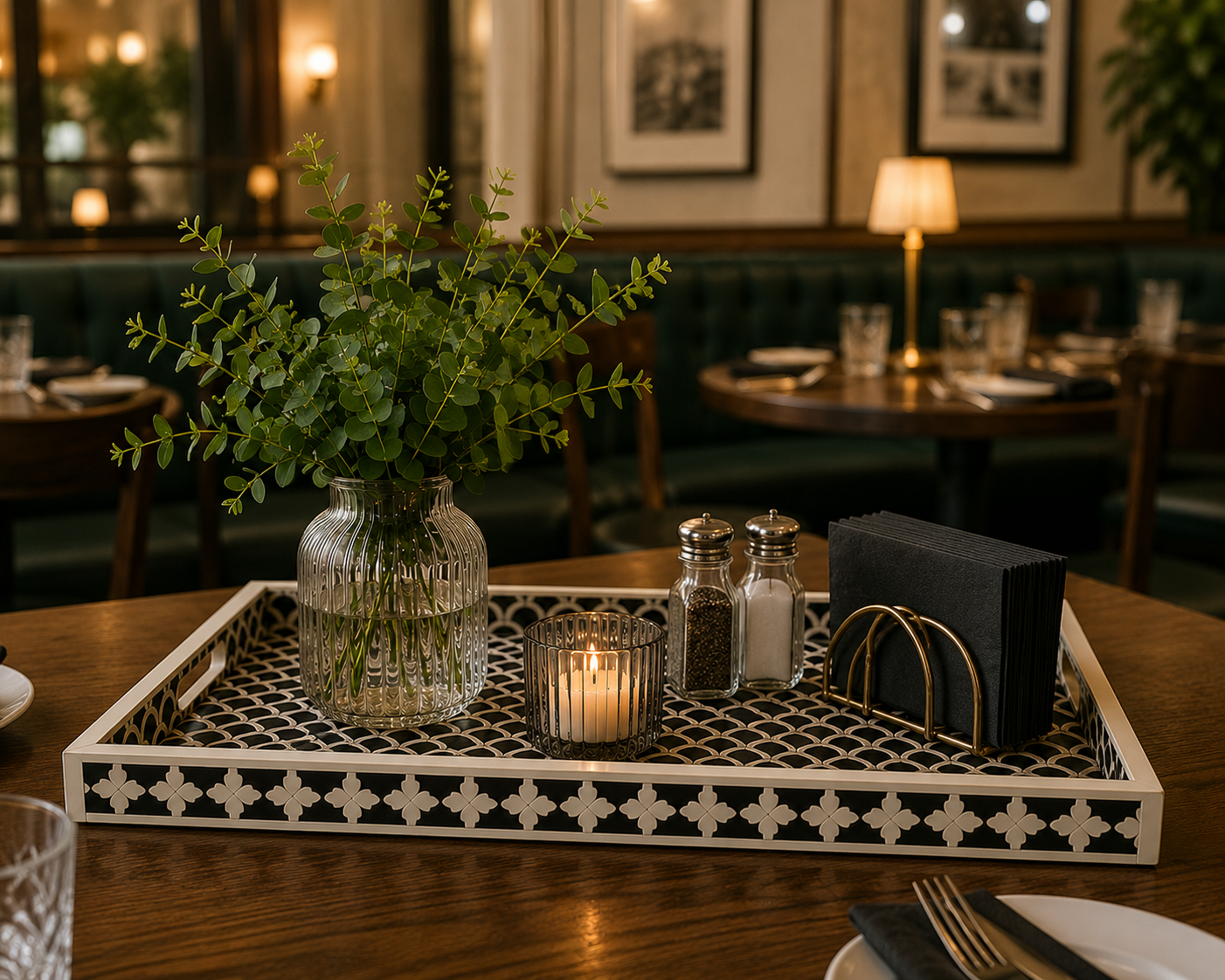 Handmade Bone Inlay Rectangular Tray with Fish Scale Pattern Styled on Restaurant Table