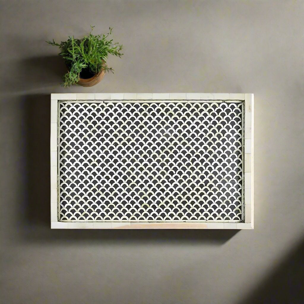 Handmade Bone Inlay Tray with Fish Comb Pattern on Restaurant Dining Table