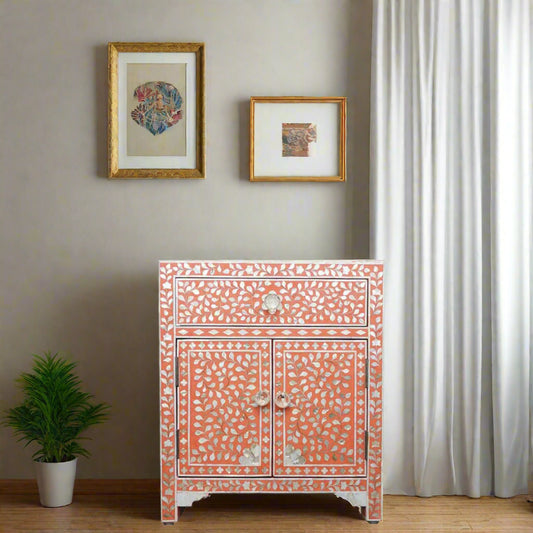 Luxury Peach Bone Inlay Cabinet with Floral Vine Pattern Front View