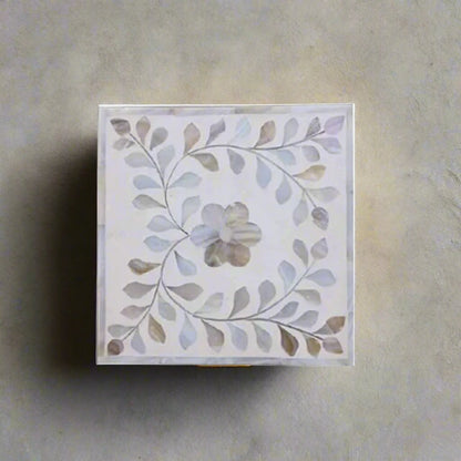 Handcrafted white mother of pearl inlay jewelry box with floral vine pattern and removable lid.