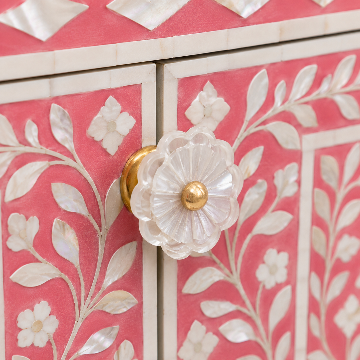 Handmade Bone Inlay Cabinet with Doors Open Showing Interior Shelf