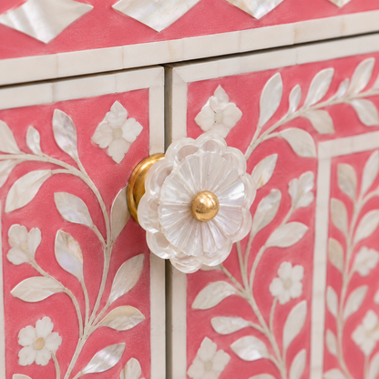 Handmade Bone Inlay Cabinet with Doors Open Showing Interior Shelf