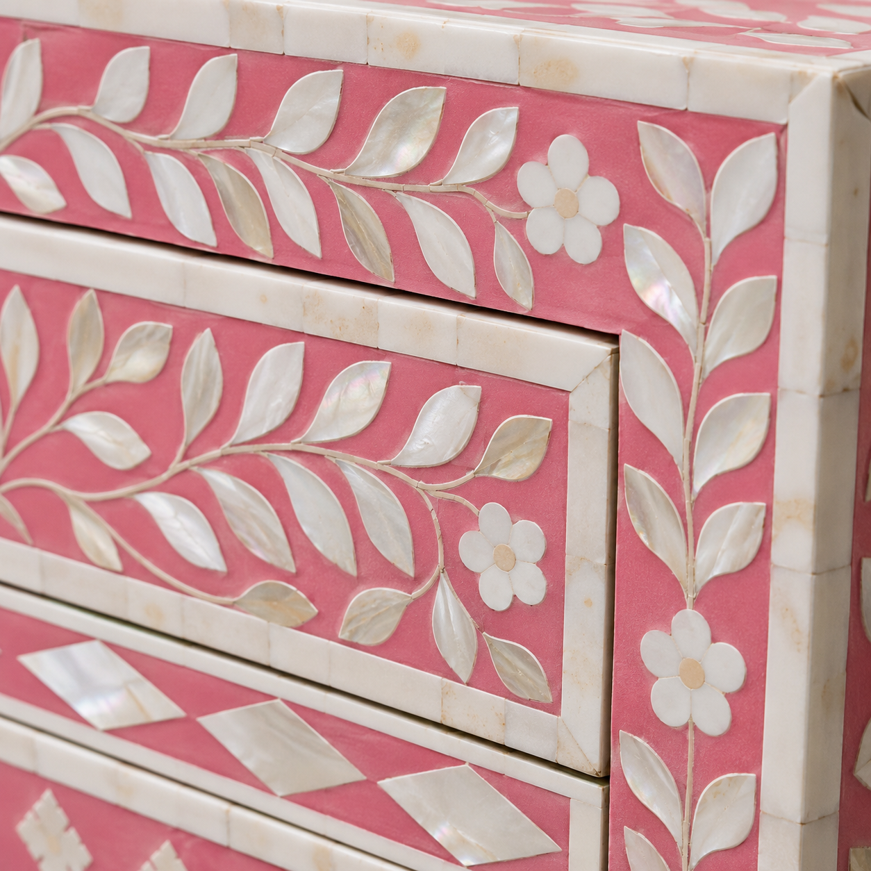 Back View of Luxury Pink Bone Inlay Accent Cabinet