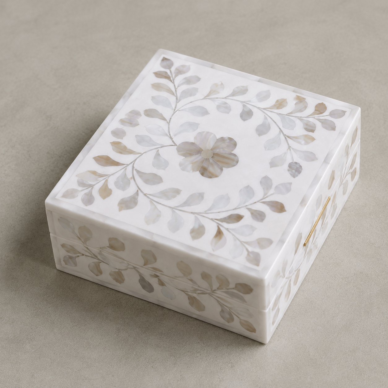 Luxury white mother of pearl keepsake box with handcrafted floral vine motif