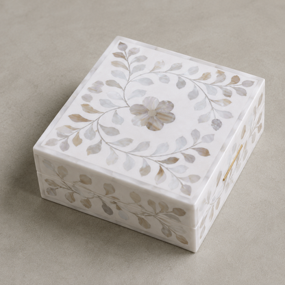 Luxury white mother of pearl keepsake box with handcrafted floral vine motif