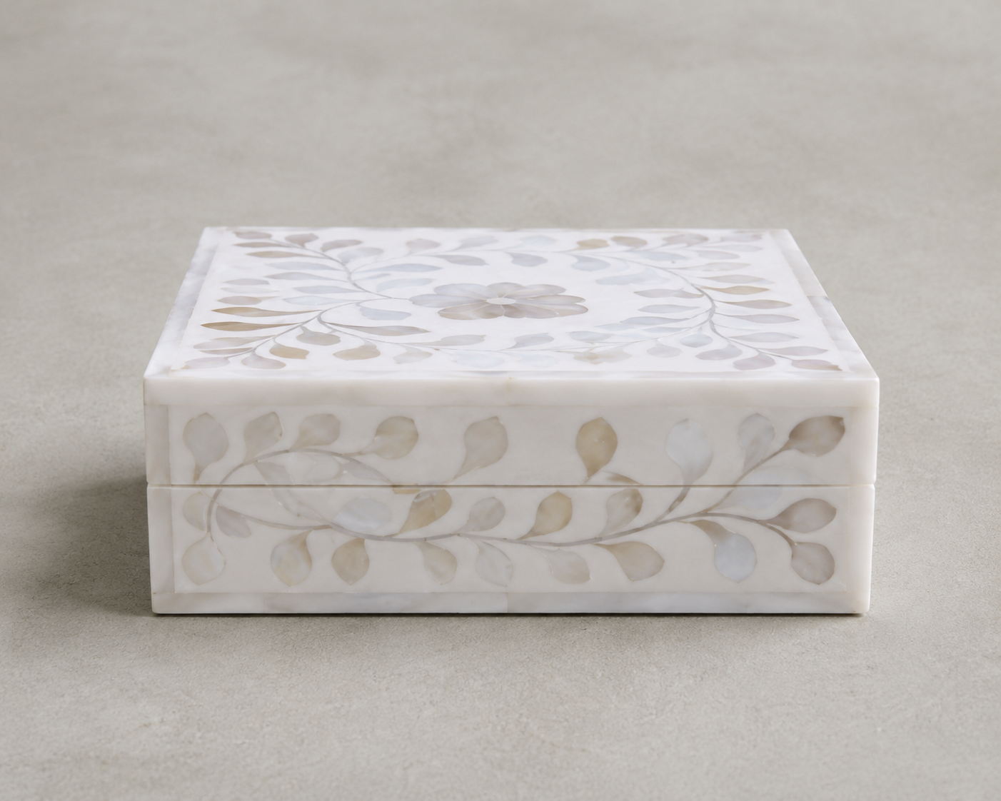 Decorative white mother of pearl inlay jewelry box with lift-off lid for stylish storage.