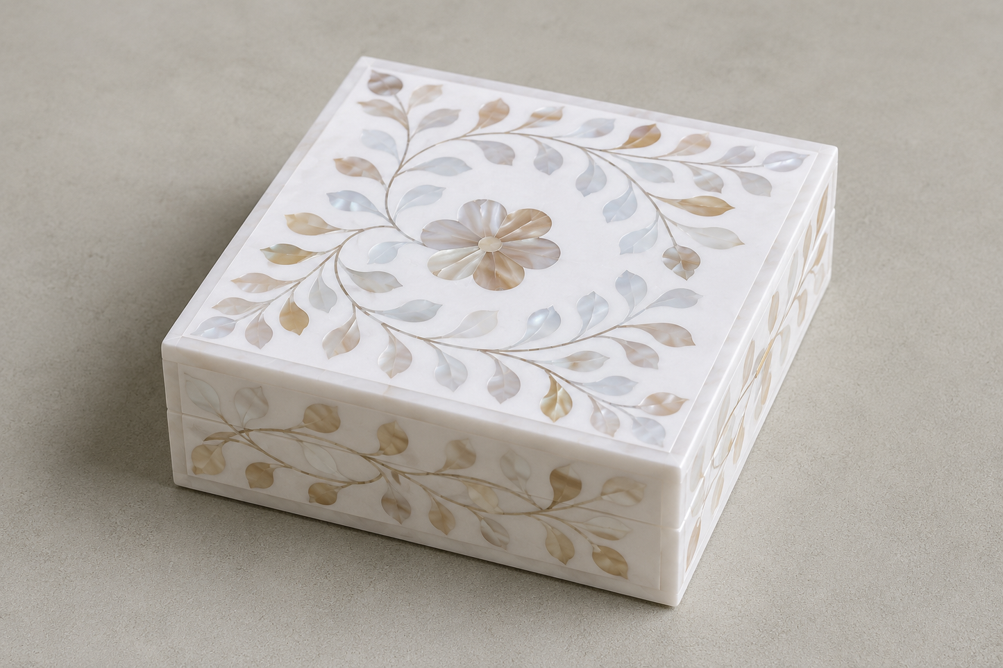 Premium white mother of pearl jewelry storage box with intricate botanical floral pattern.