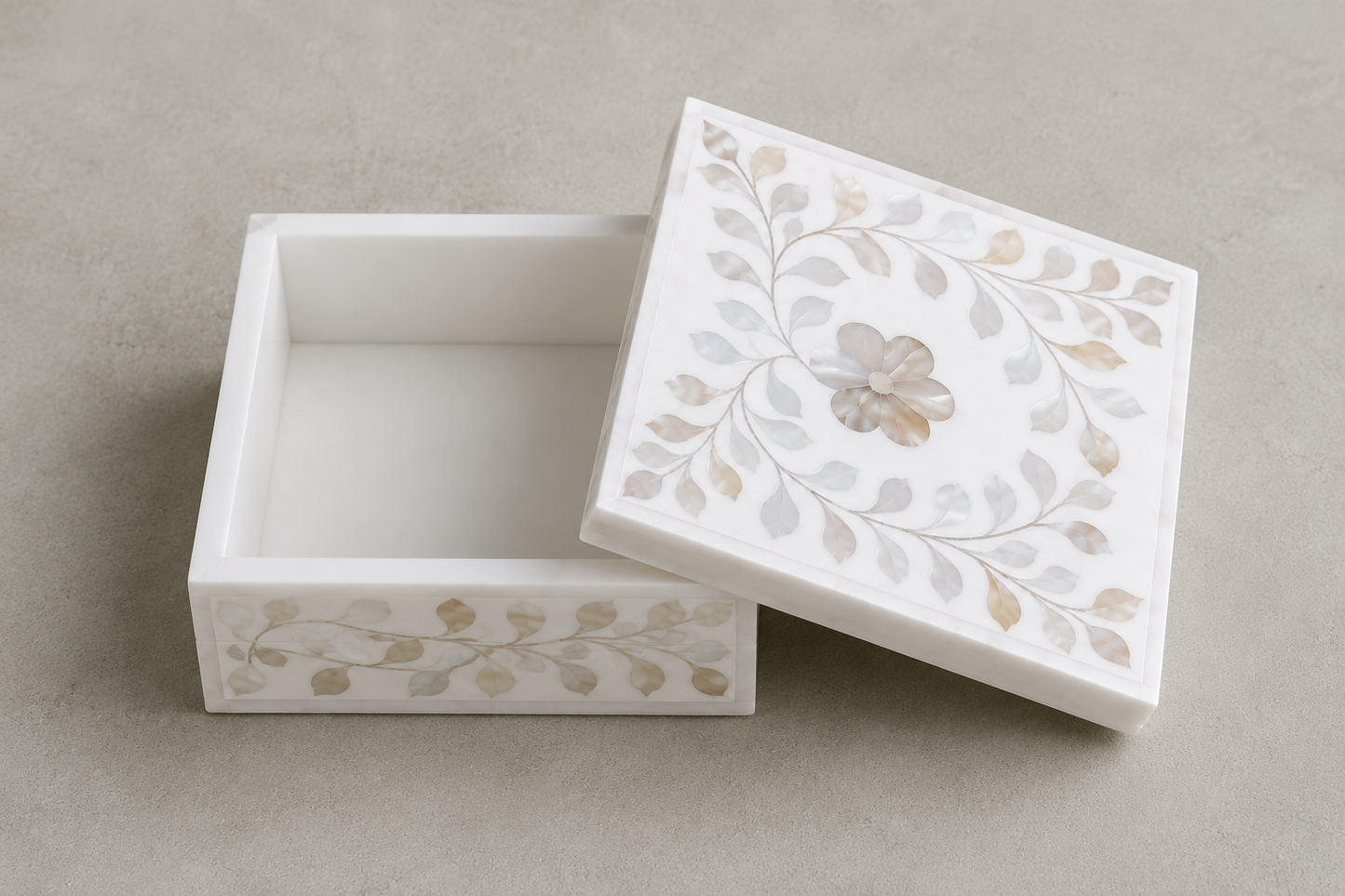 Handmade white mother of pearl inlay keepsake box for storing rings, earrings, and necklaces.