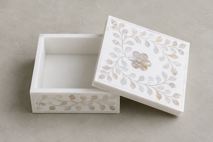Handmade white mother of pearl inlay keepsake box for storing rings, earrings, and necklaces.