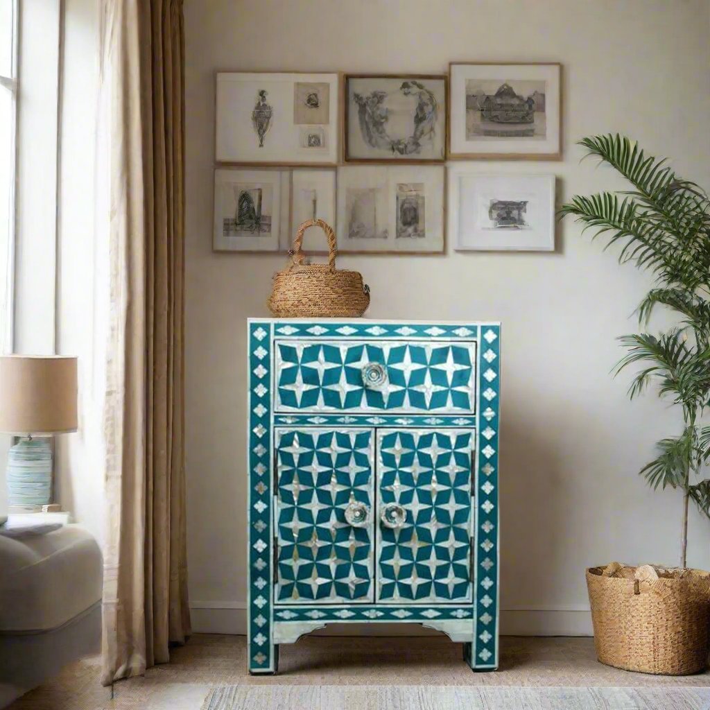 Handmade Turquoise Mother of Pearl Inlay Bedside Table with Storage