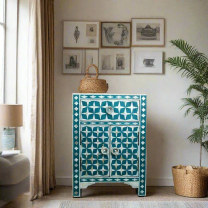 Handmade Turquoise Mother of Pearl Inlay Bedside Table with Storage