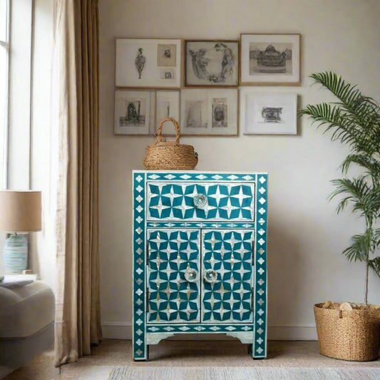 Handmade Turquoise Mother of Pearl Inlay Bedside Table with Storage