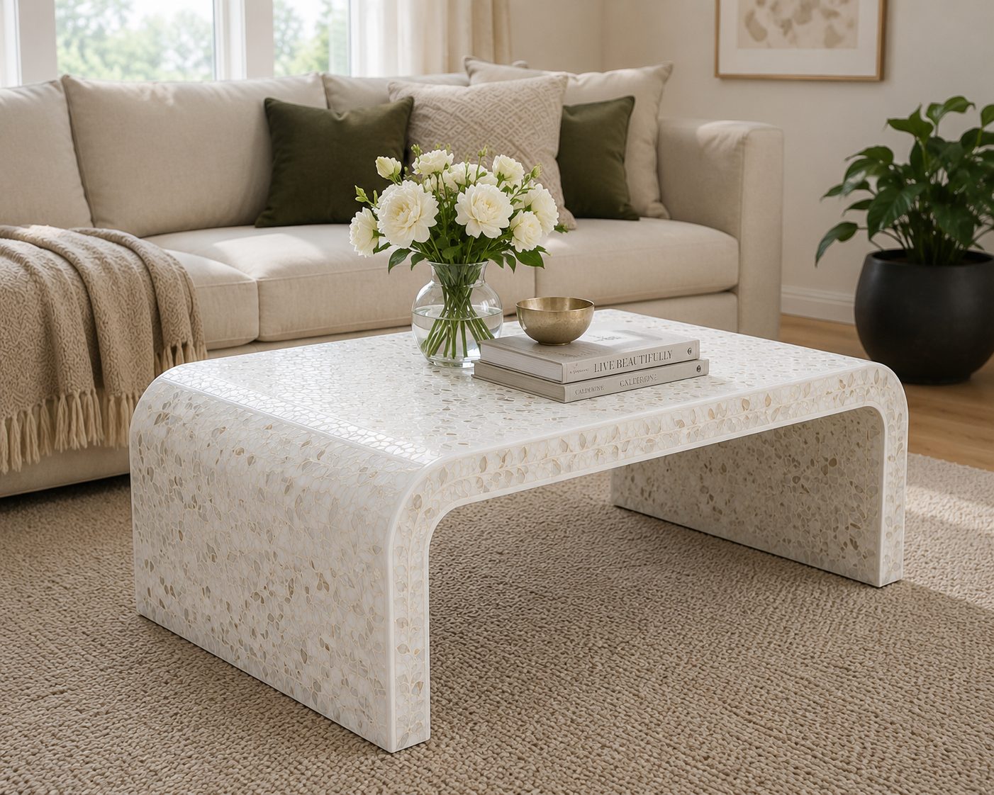Luxury White Mother of Pearl Inlay Waterfall Coffee Table in Modern Living Room