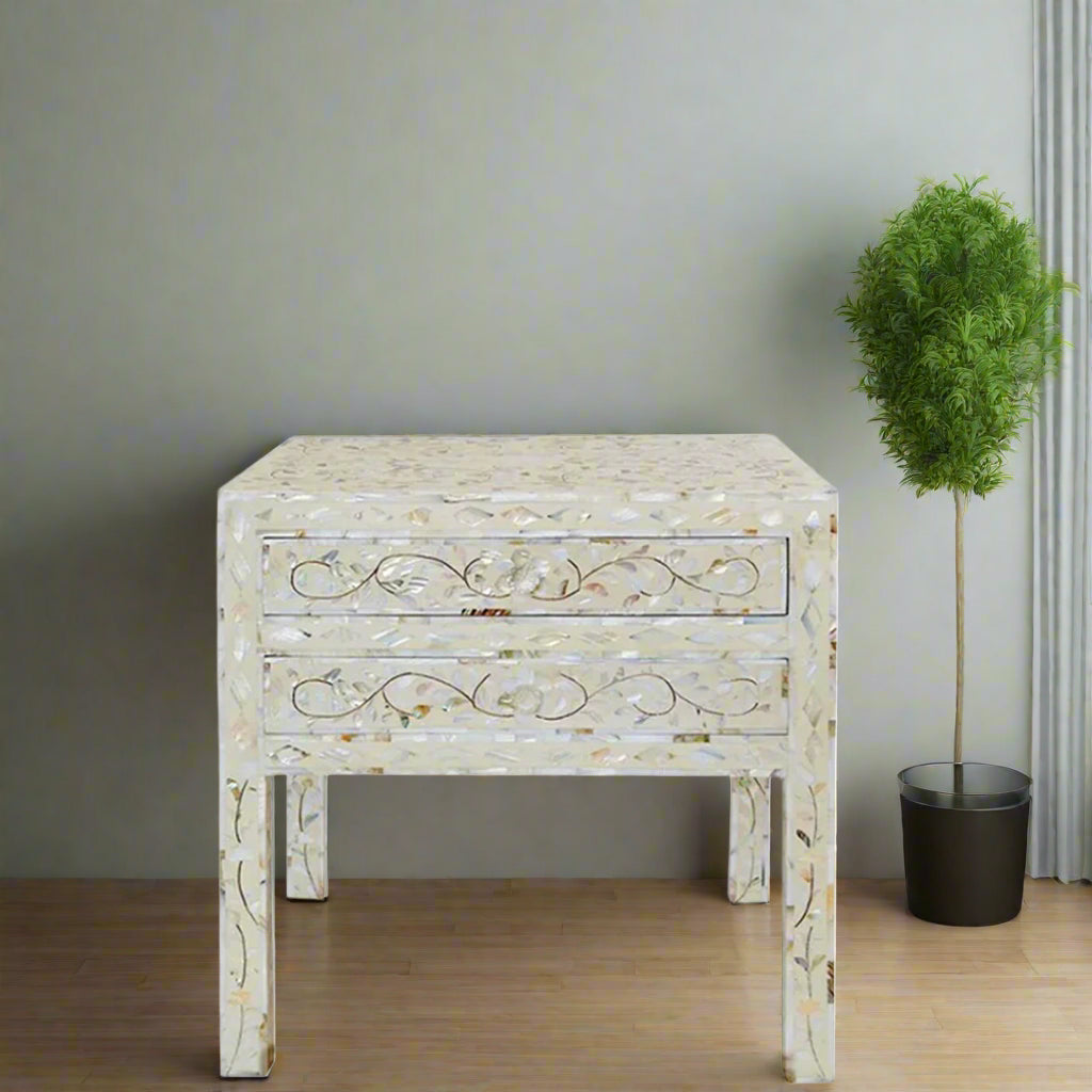 Luxury White Mother of Pearl Inlay Bedside Table with Floral Vine Pattern