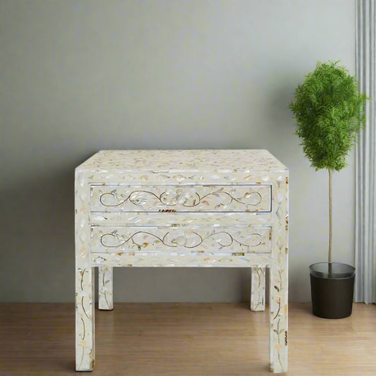 Luxury White Mother of Pearl Inlay Bedside Table with Floral Vine Pattern