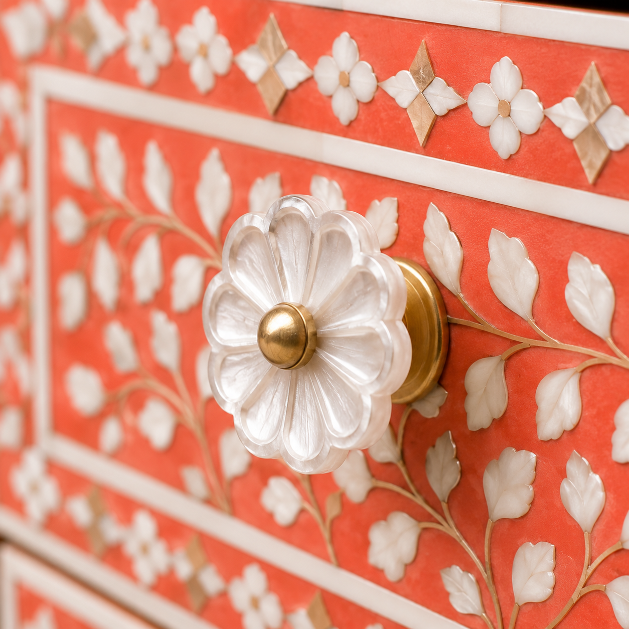 Decorative Mother of Pearl Flower Knob Close-Up on Bone Inlay Cabinet