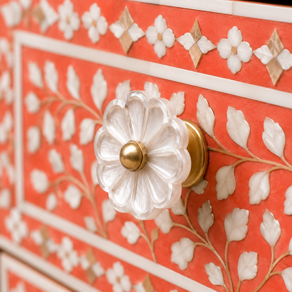 Decorative Mother of Pearl Flower Knob Close-Up on Bone Inlay Cabinet