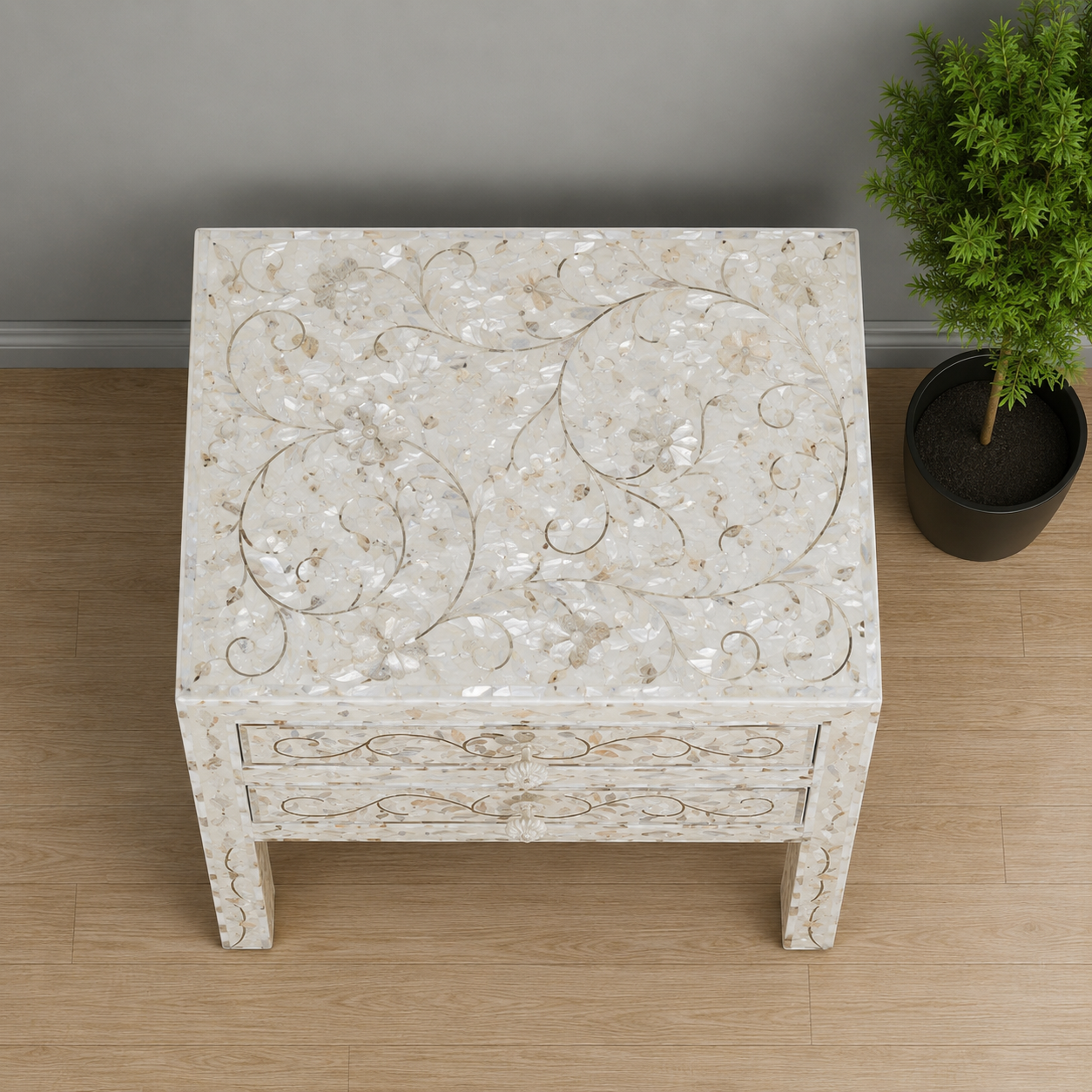 Mother of Pearl Inlay Nightstand Side Angle View