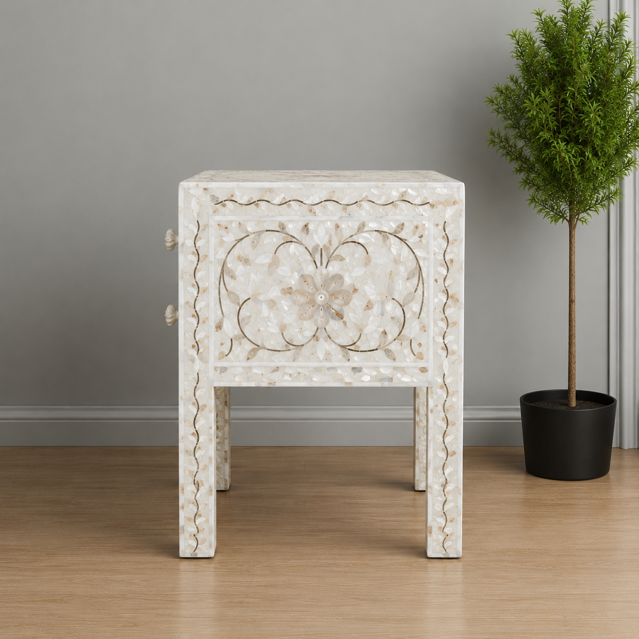 Open Drawer Mother of Pearl Inlay Bedside Table
