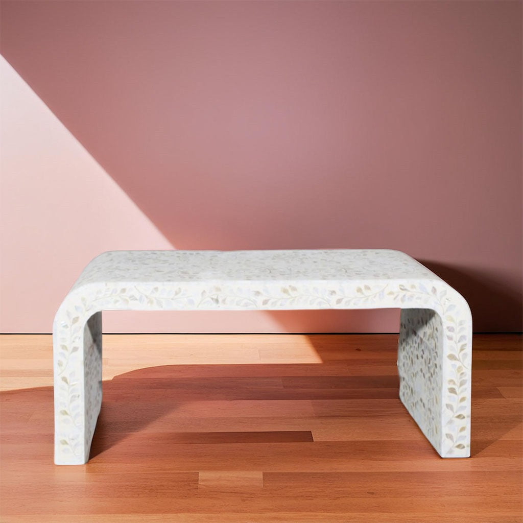 Modern White Mother of Pearl Coffee Table with Floral Inlay Design