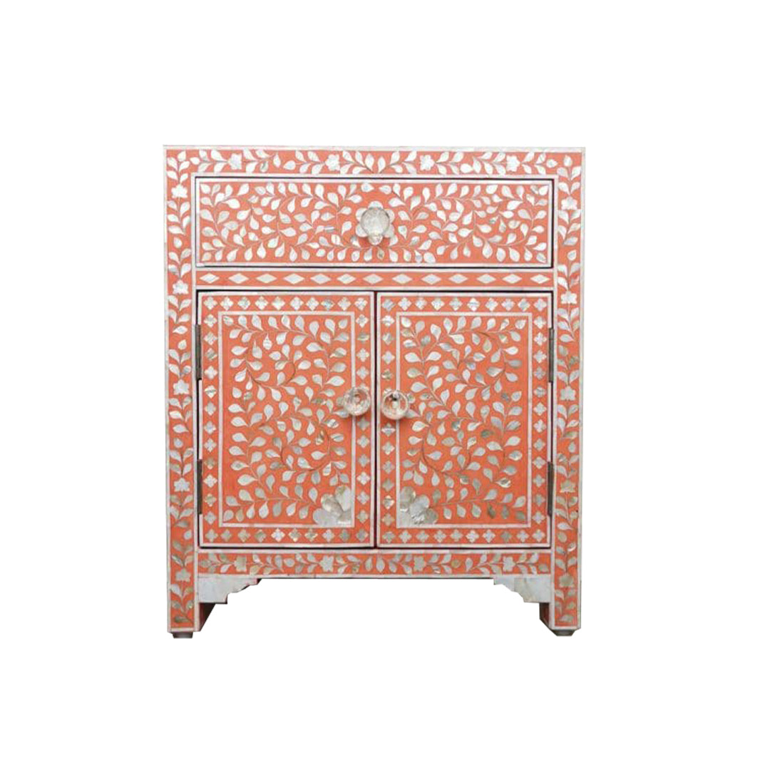 Handmade Peach Bone Inlay Accent Cabinet Front Angle View