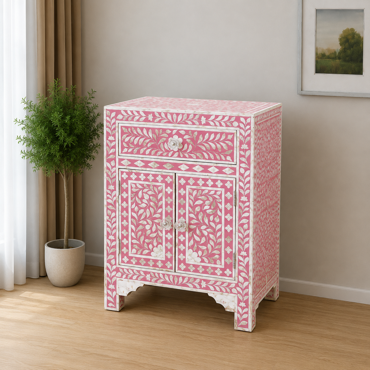 Pink Bone Inlay Storage Cabinet Side View with Floral Design