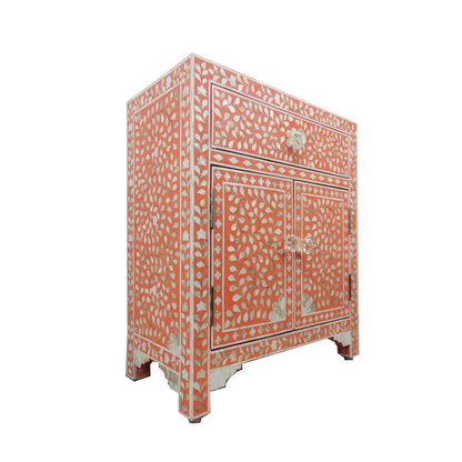 Peach Bone Inlay Storage Cabinet Side View with Floral Inlay Design