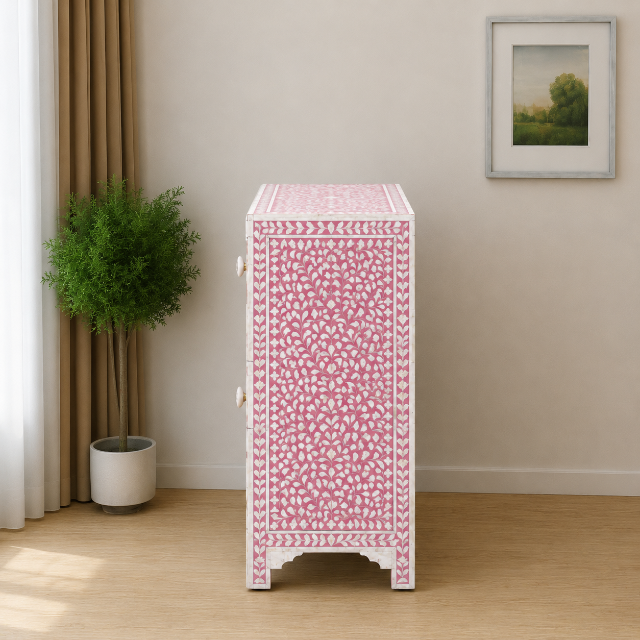 Top View of Pink Bone Inlay Cabinet with Intricate Floral Inlay