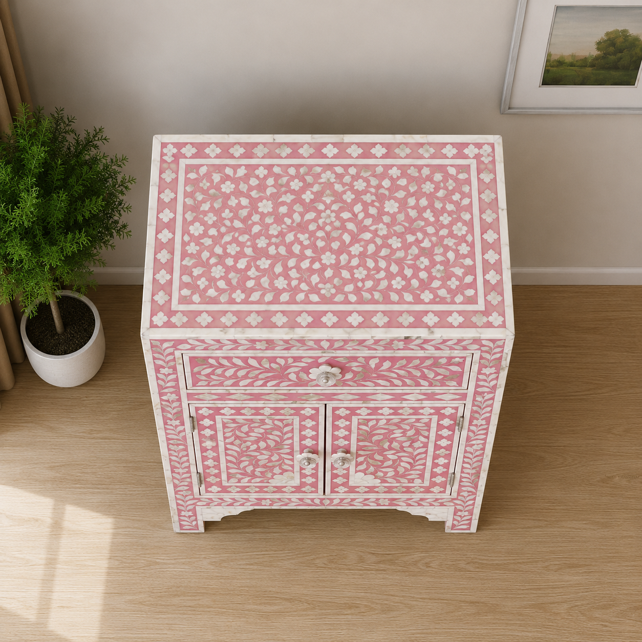Pink Bone Inlay Cabinet with Open Drawer Storage Detail