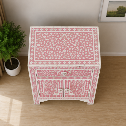 Pink Bone Inlay Cabinet with Open Drawer Storage Detail