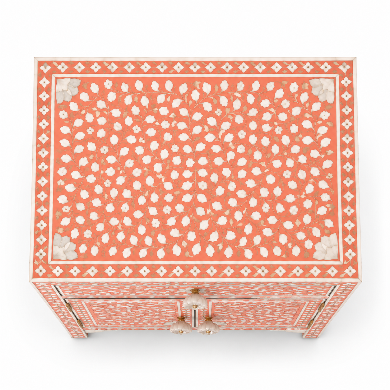 Back View of Handmade Peach Bone Inlay Accent Cabinet