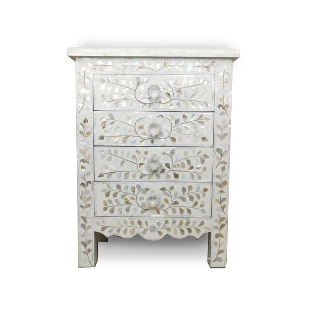 White Floral Mother of Pearl Inlay Nightstand for Modern Bedroom