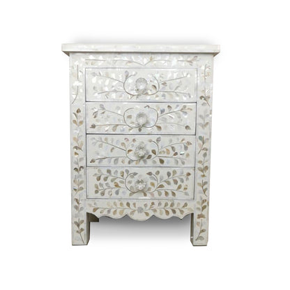 White Floral Mother of Pearl Inlay Nightstand for Modern Bedroom