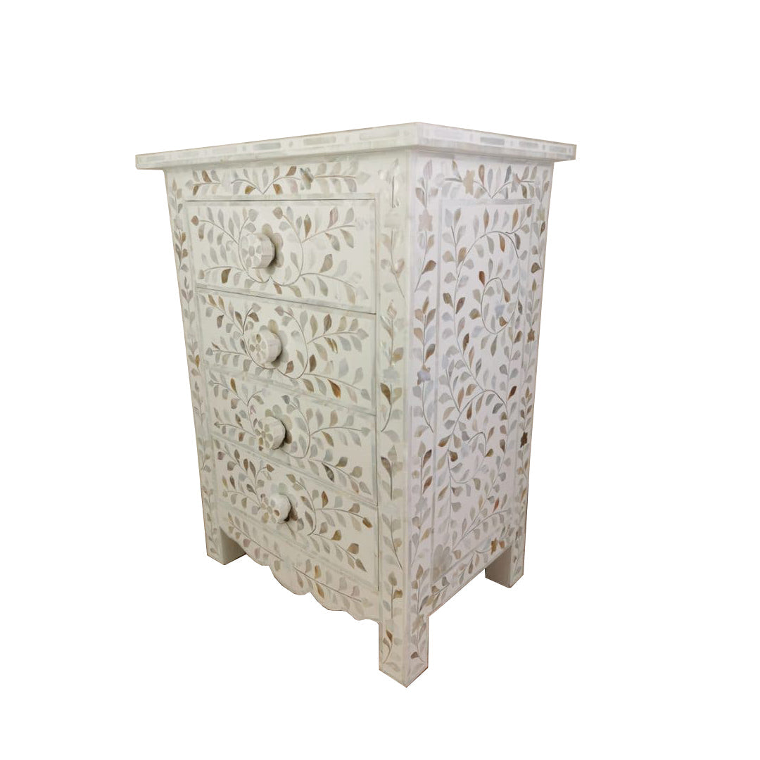Handmade White Mother of Pearl Inlay Bedside Table with Four Drawers