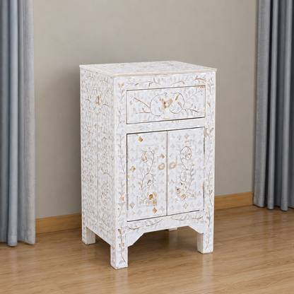 Side View of White Mother of Pearl Inlay Storage Cabinet