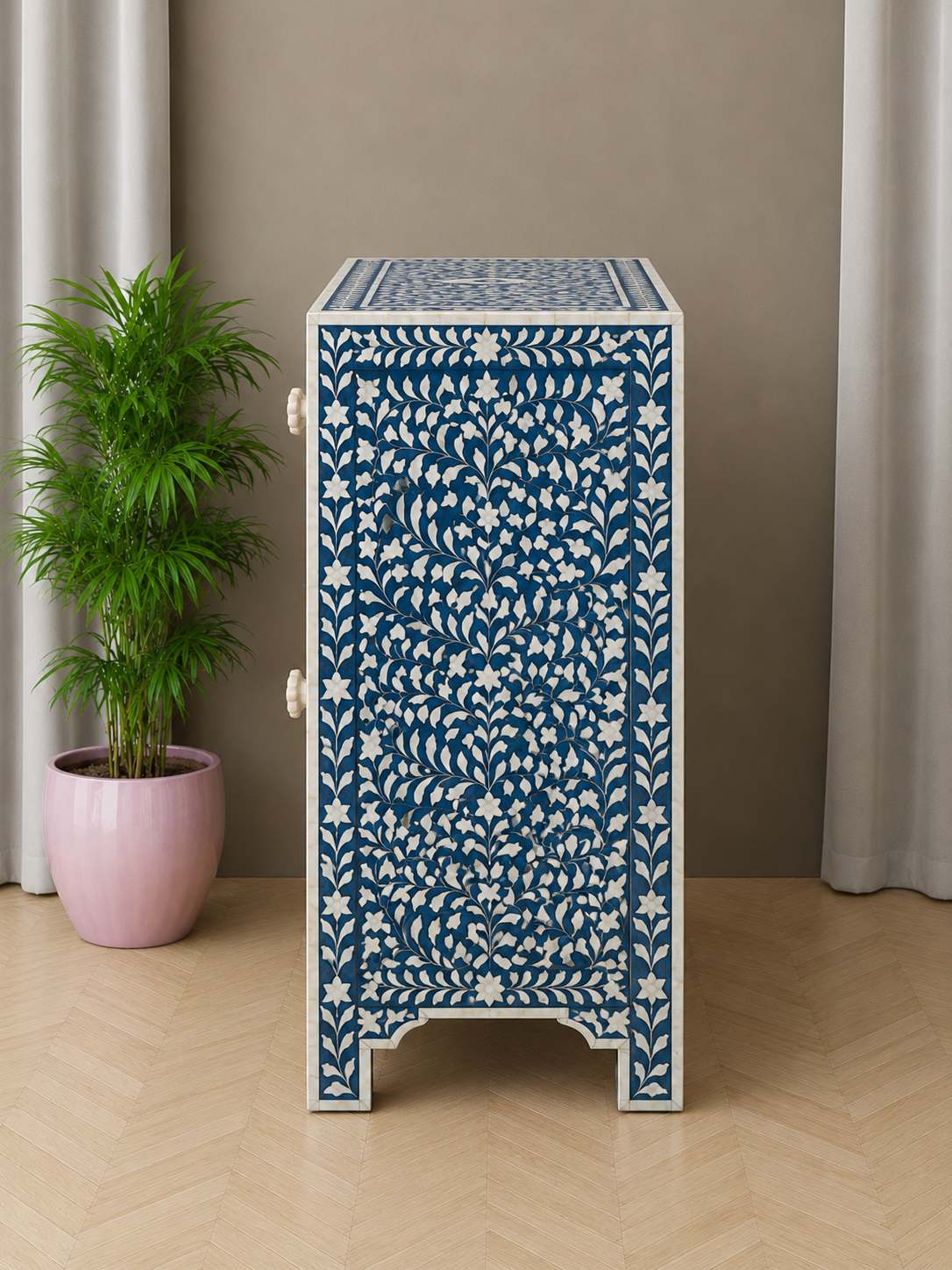 Front Angled View of Blue Bone Inlay Bedside Cabinet