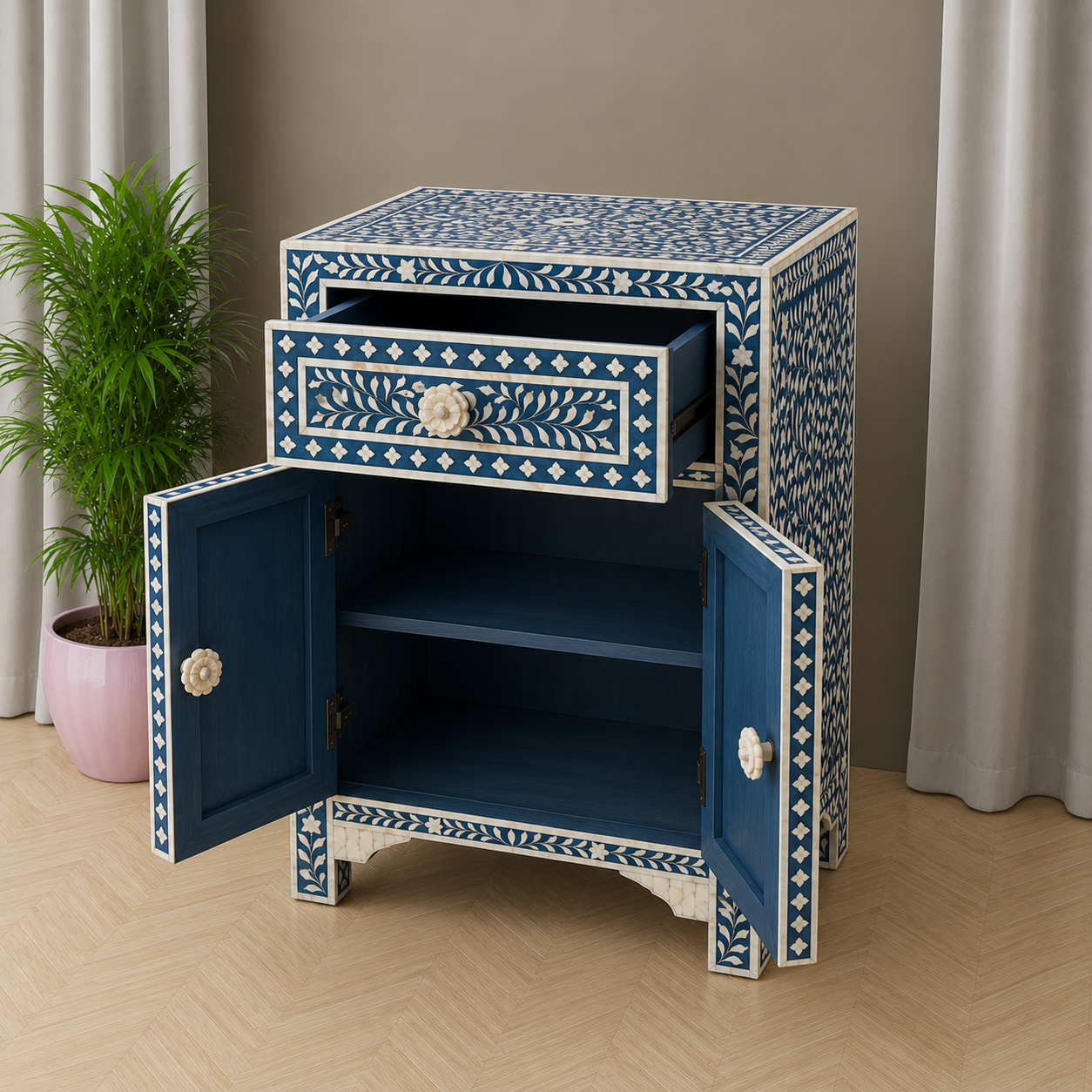 Side View of Handmade Blue Bone Inlay Storage Cabinet